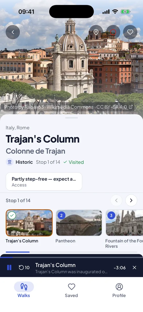 A stop in the app, Trajan’s Column, with its narration playing